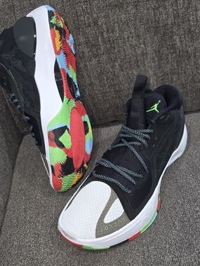 Jordan Men's Black Sneakers with White Toe and Multicolor Outsole